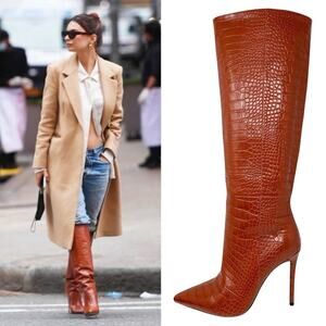 Paris Texas Stiletto Pointed Knee-High Brown Croc-Embossed Leather Heeled Boots
